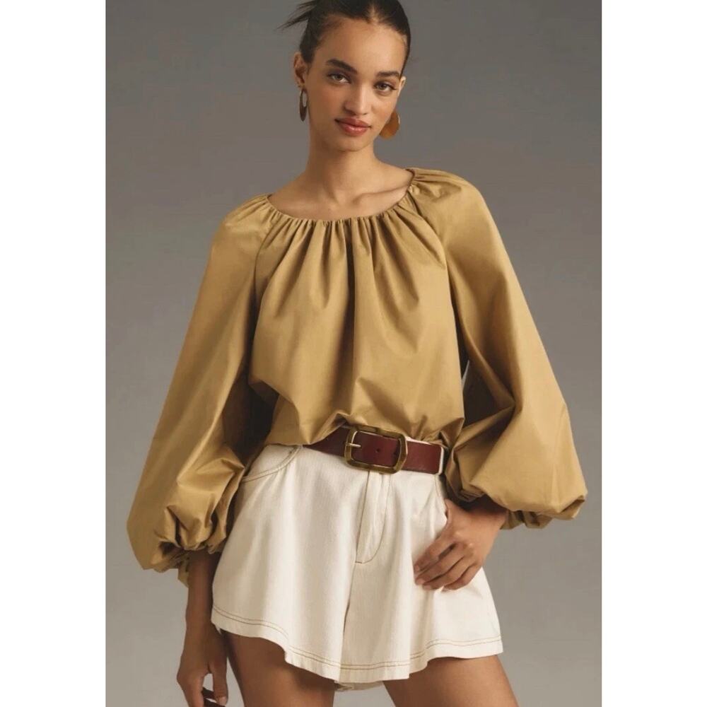 MARE MARE x Anthropologie Long Balloon Sleeve Crew-neck Blouse Size XL In Beige - Picture 2 of 11